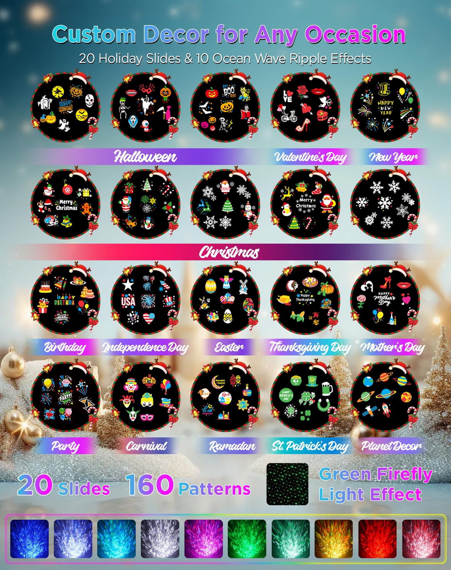 Christmas Projector Lights Outdoor Waterproof  20 Slides & 8 Bright Hd Patterns  Firefly & Ocean Wave Effects  Timer Snowflake Light Projector For House Yard Xmas New Year Valentines Thanksgiving