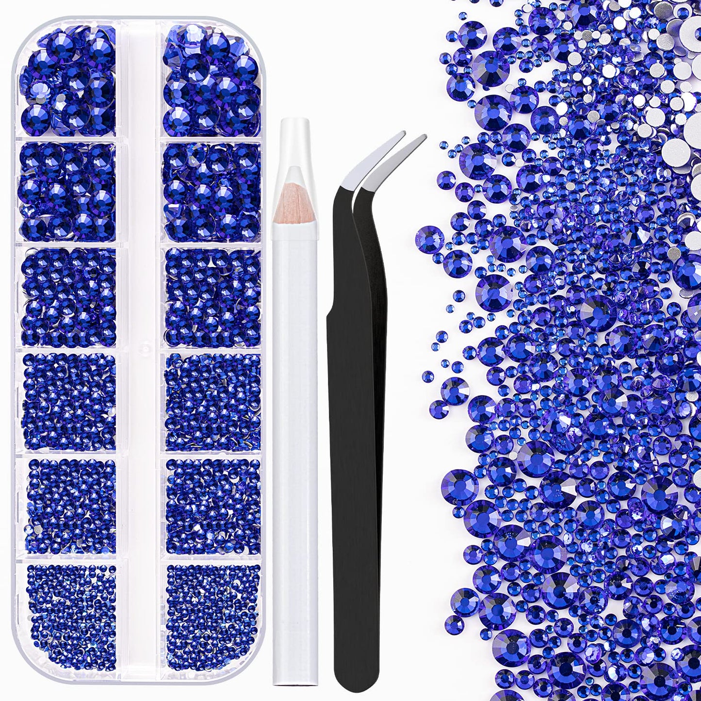 One Pack 2000 Pcs of Flatback Round Royal Blue Rhinestones 6 Sizes (1.5-6 mm) with Nail Art Rhinestone Picker Pencil and Tweezer