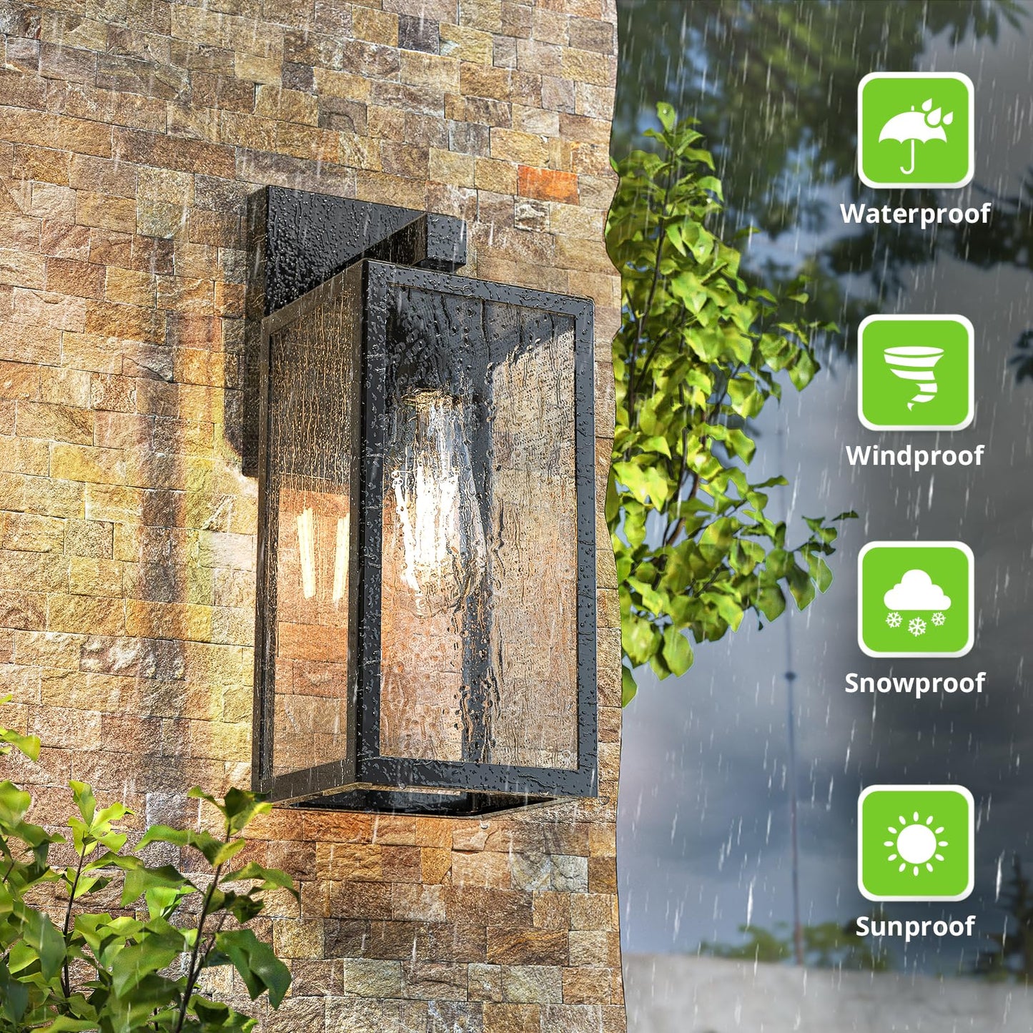 Maxvolador Outdoor Wall Sconce - Waterproof Black Lantern Light Fixture, Toughened Glass, Anti-Rust, Model 2032T, 2 Pack