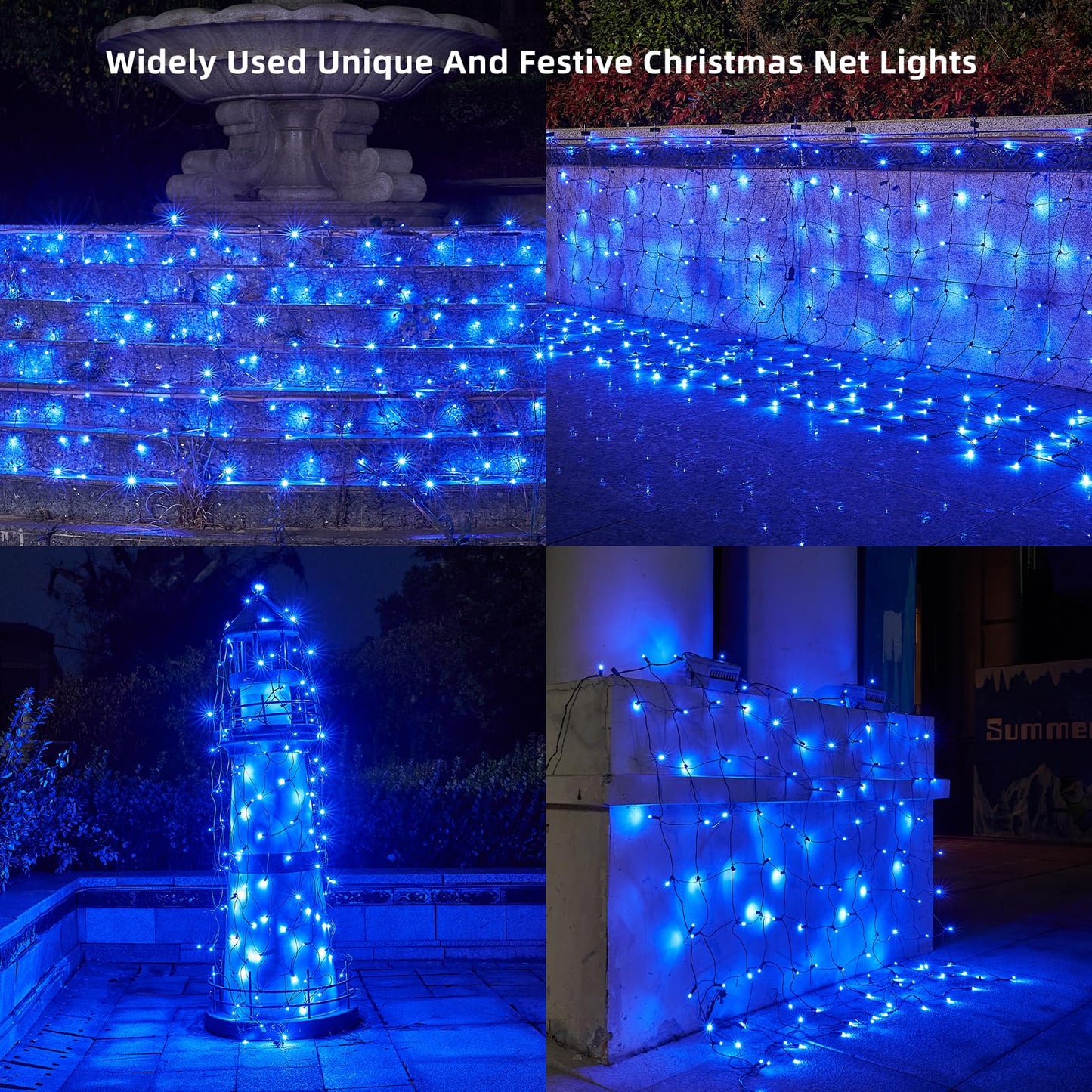 Dirnun LED Christmas Net Lights, 160 LED, 5ft x 7ft, Waterproof, Blue, Model HO-160/4N, Indoor/Outdoor Fairy Mesh Light for Holiday Decor