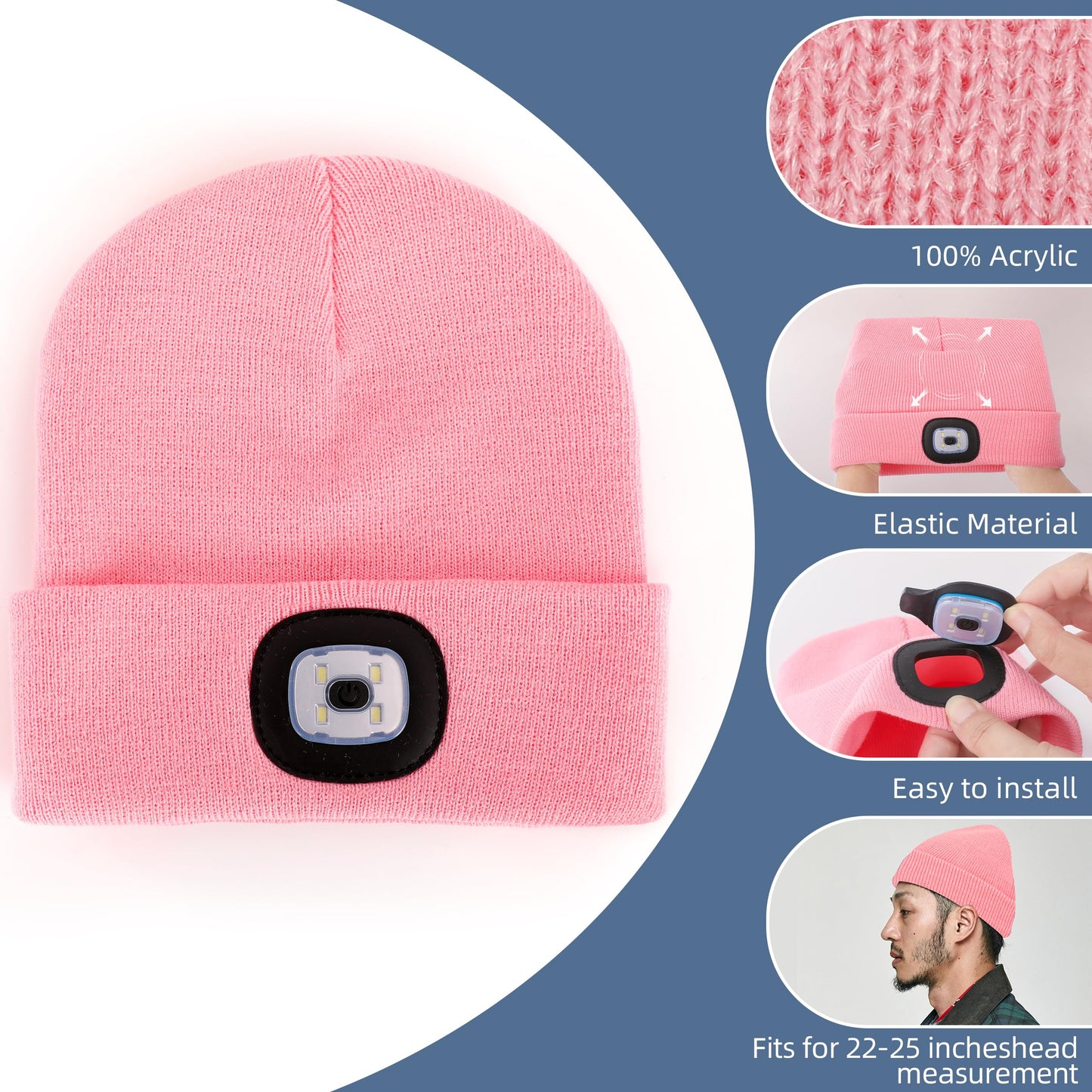 Ymhb Uni  Beanie Hat With Light  Usb Rechargeable Led Headlamp Hat Night Light Cap Christmas Stocking Stuffers Gifts For Men Dad Father Husband (Pink)
