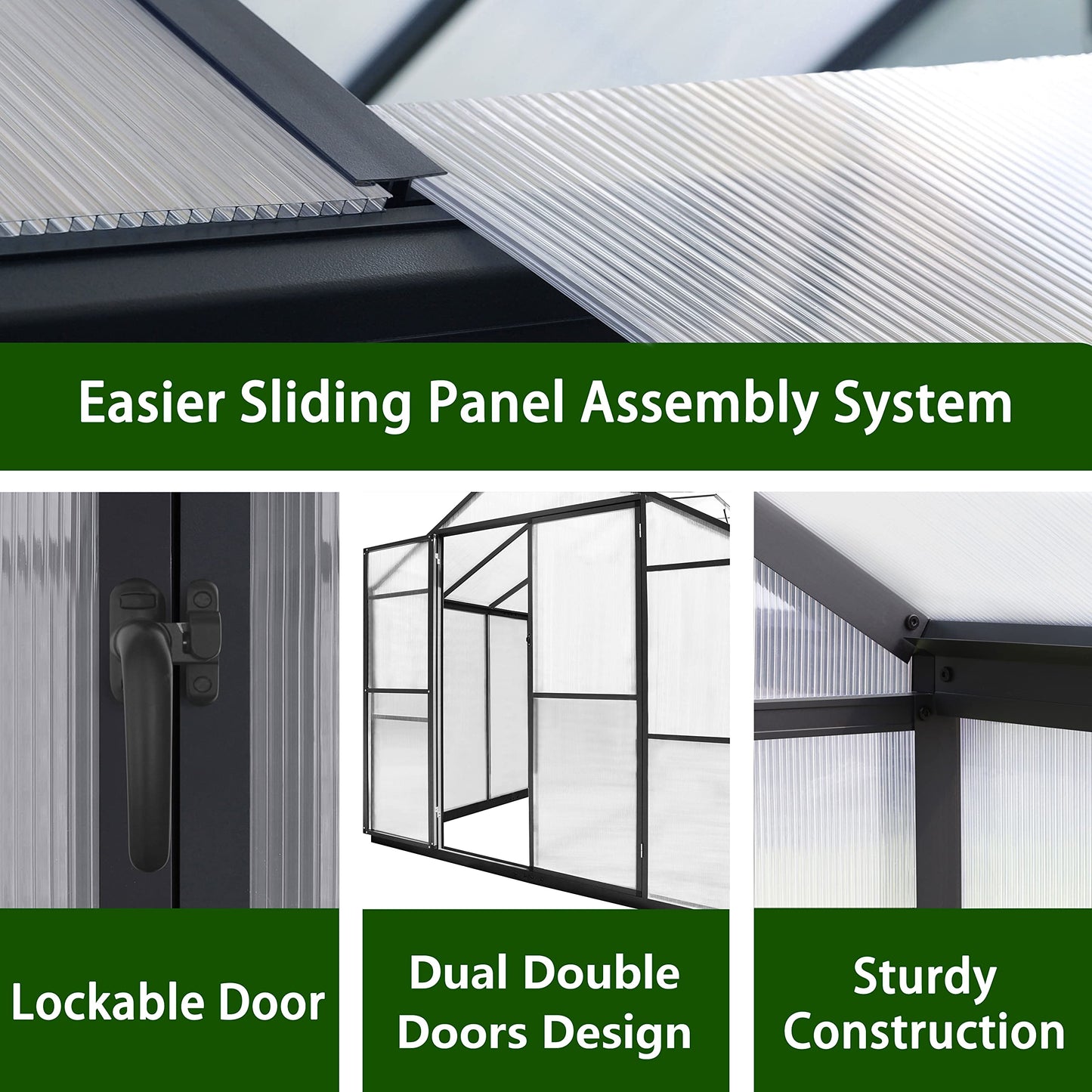 Yardenaler 8x16 FT Polycarbonate Aluminum Greenhouse Kit, Outdoor Walk-in Greenhouse, PC Green House with Adjustable Roof Vents and Lockable Door, Backyard Garden in Winter, Gray