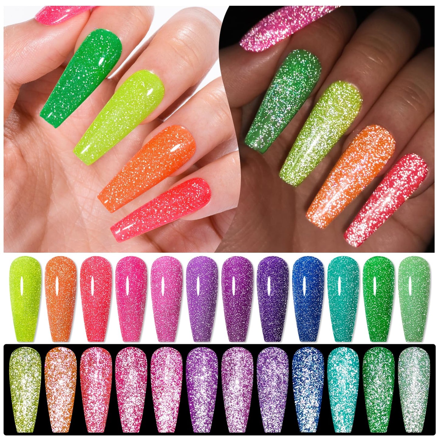 MTSSII Reflective Glitter Neon Gel Nail Polish Set, 12 Colors Gel Nail Polish Set Nails Gel Blue Hot Pink Purple Green Soak Off