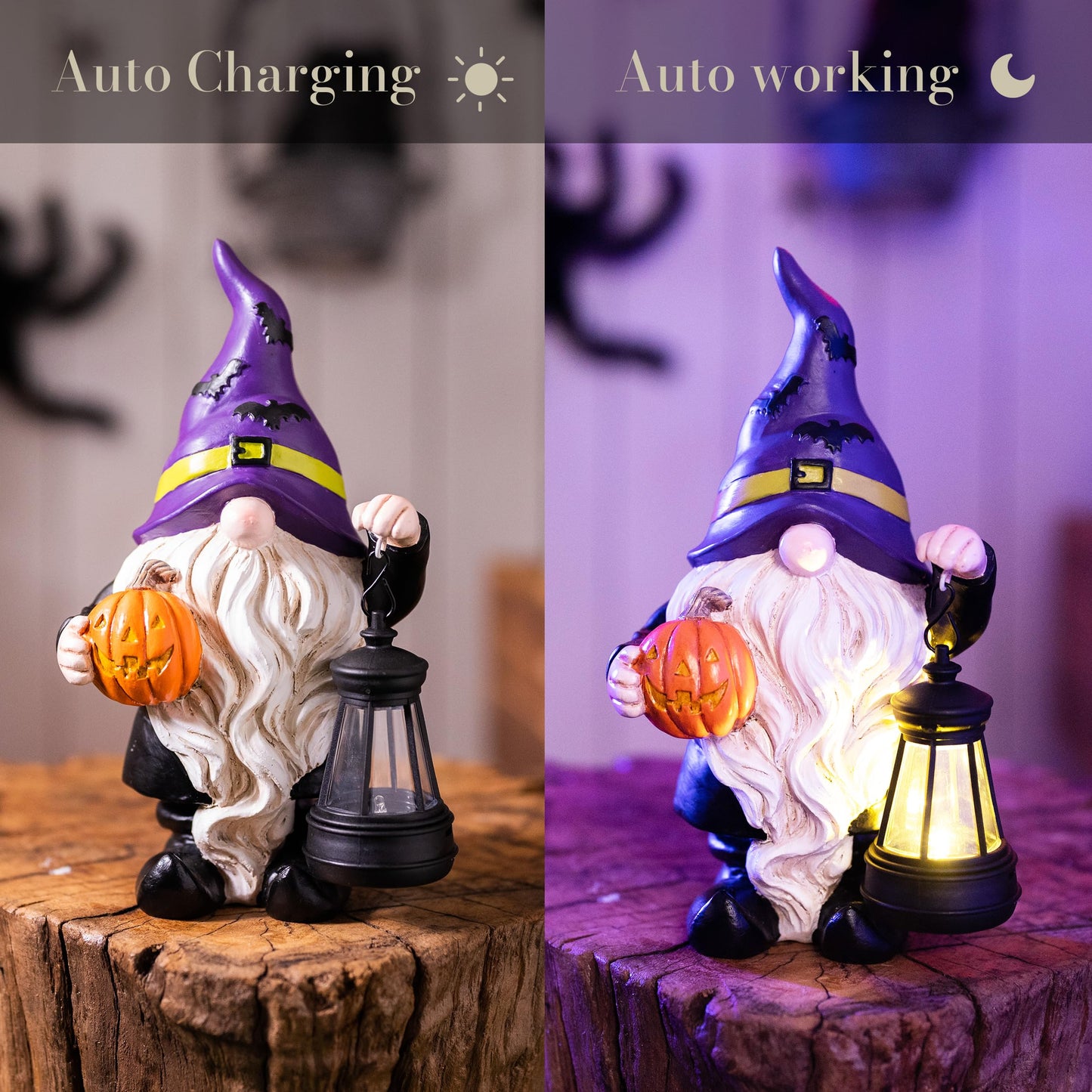 TeresaS Collections Halloween Decorations Garden Gnomes Statues With Solar Lights Cute Purple Bat Hat Resin Decor With Lantern For Home Table Outdoor Yard Pumpkin Jack-O-Lanterns Gifts For Party 8
