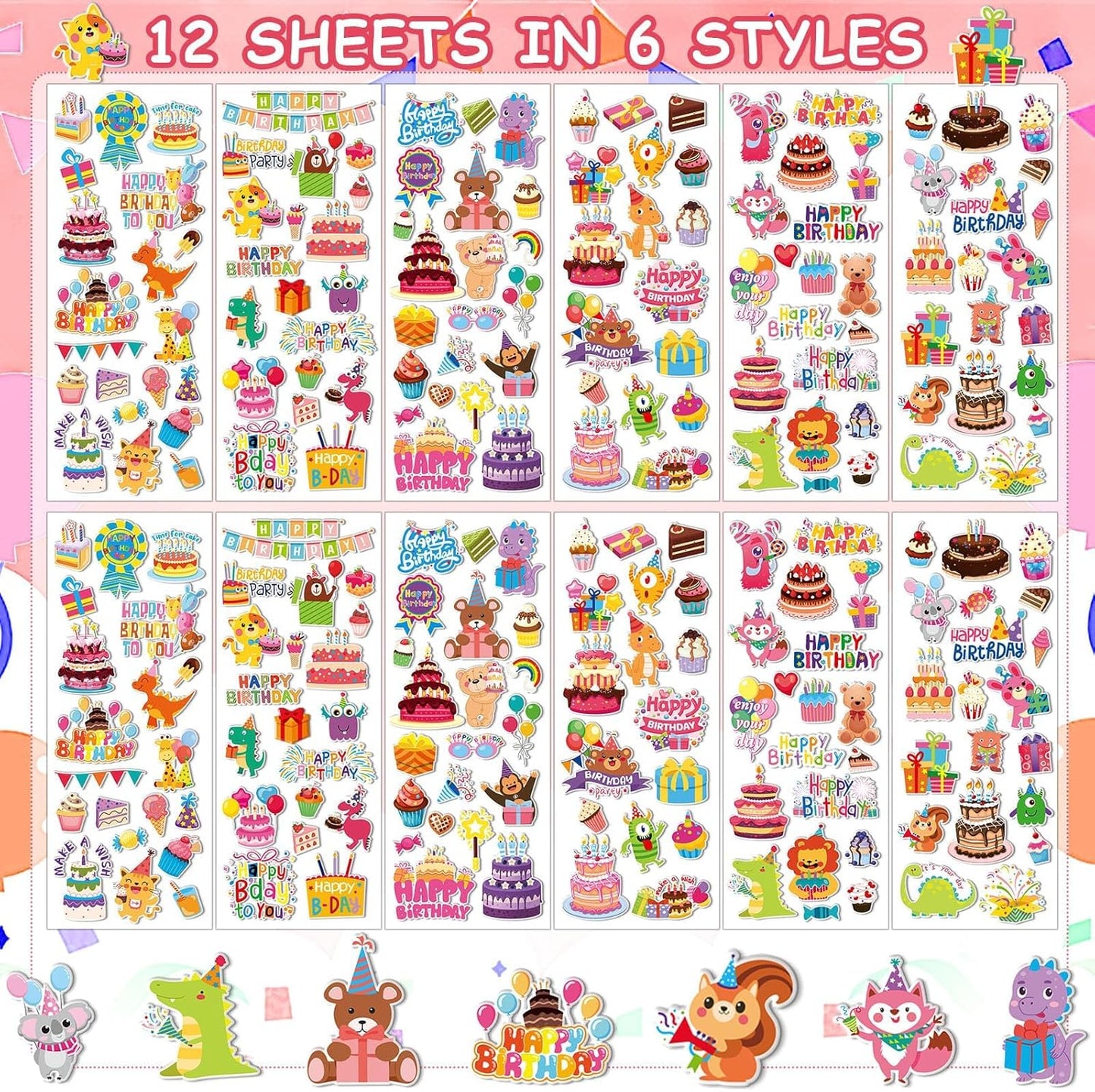 UPINS 12 Sheets Happy Birthday Stickers for Kids, 3D Cute Puffy Stickers Birthday Cake Foam Stickers Decals for Birthday
