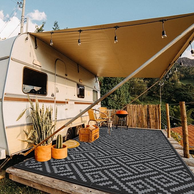 GENIMO Outdoor Rug for Patio Clearance, 8'x16' Waterproof Camping Mat, Reversible Plastic Straw Rugs for RV, Camper, Balcony, Backyard, Picnic, Deck, Black & Gray