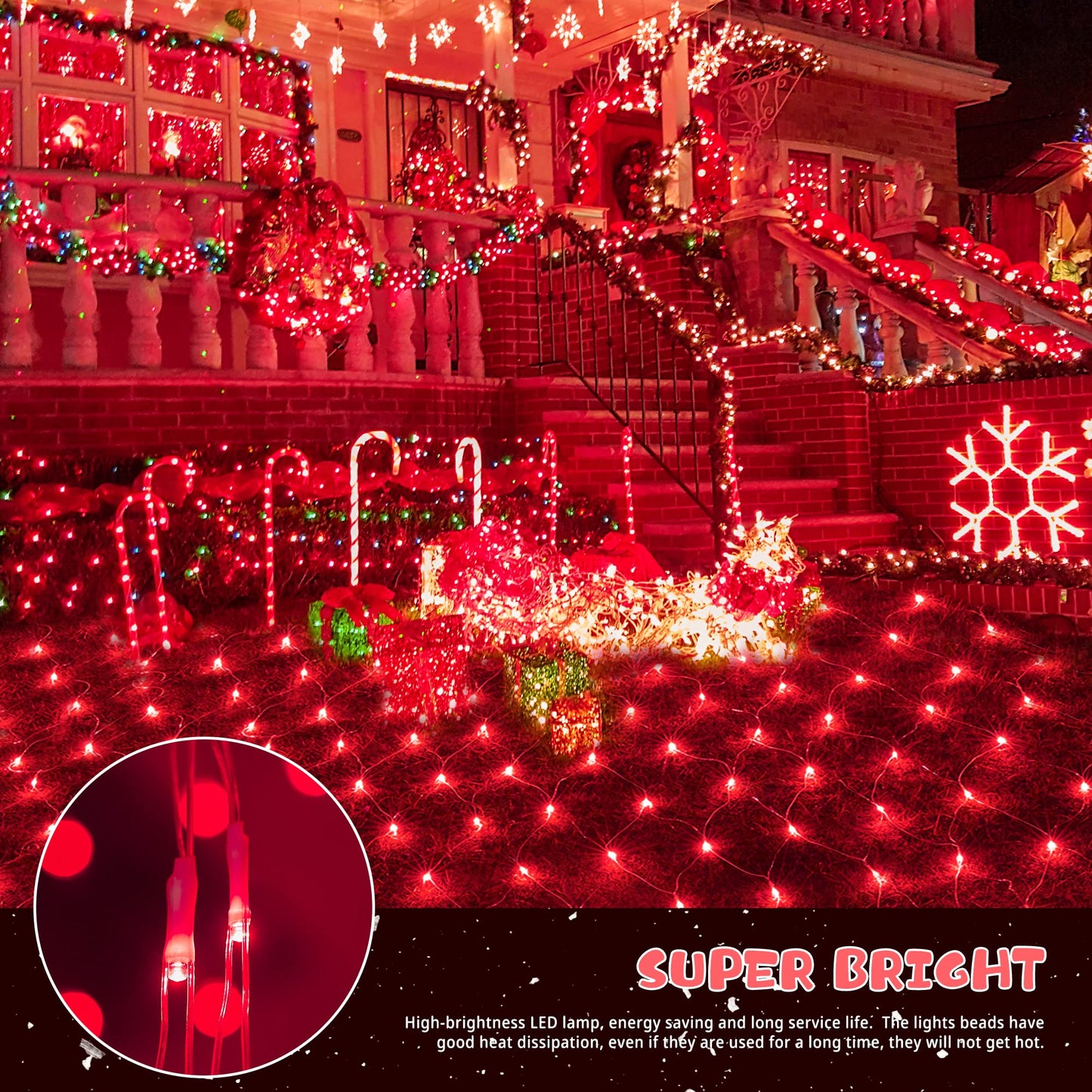oopswow Christmas Net Lights, 192 LED, 8 Modes, 30V Low Voltage, 9.8ft x 6.6ft, Red, Model QX-U-O-N-