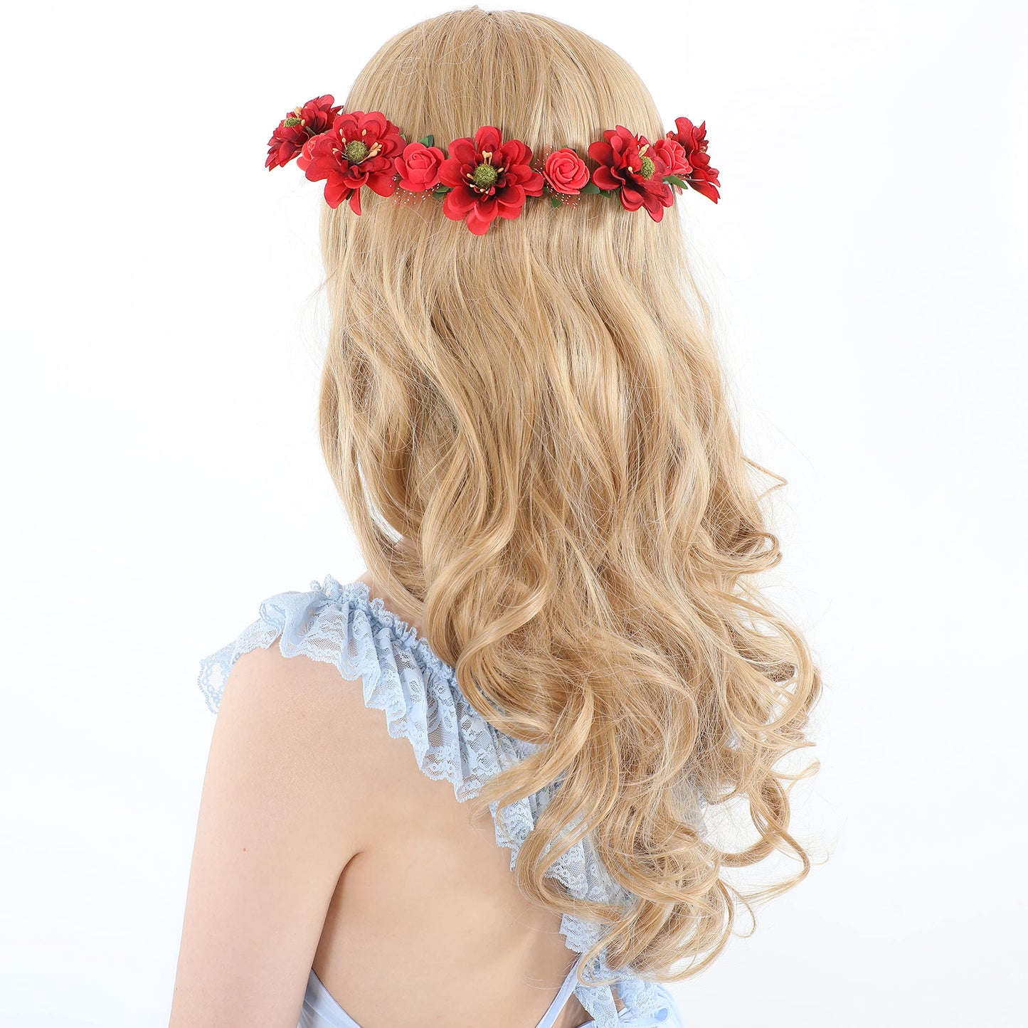 Gmmidea Women Girls Boho Flower Crown Adjustable Sunflower Floral Headband Wedding Bridal Headpiece Red