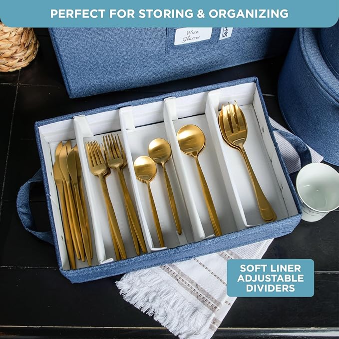 Hard Shell China Storage Containers 12-Piece Set Moving Boxes for Dinnerware, Glasses, Plates, Mugs and Saucers Sturdy Dish Organizer with Dividers for Seasonal Storage - Service for 12 - Blue