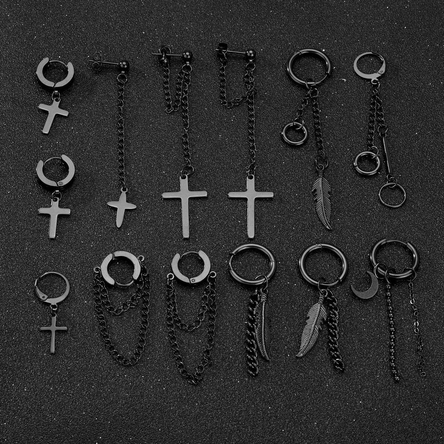 FIFATA 20 Pieces Men Earrings Set - Black Stainless Steel Chain Hoop Earrings Cross Moon and Star Dangle Earrings Piercing Jewel