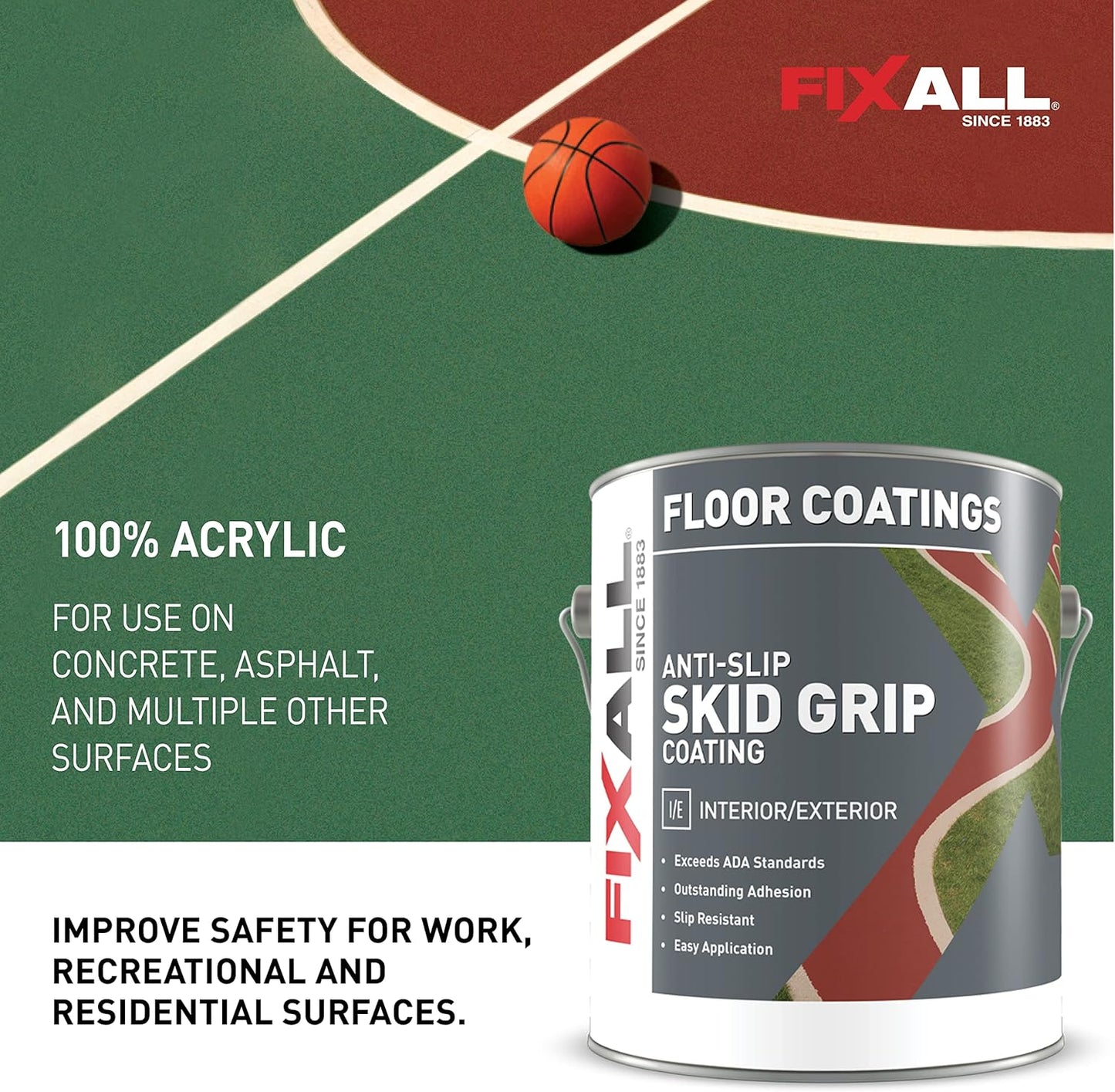 FIXALL Skid Grip Anti-Slip Coating, 1 Gallon, Slate, Exceeds ADA Standards, Ideal for Safety Areas, Slip-Resistant Pavement, Cement & Concrete Paint