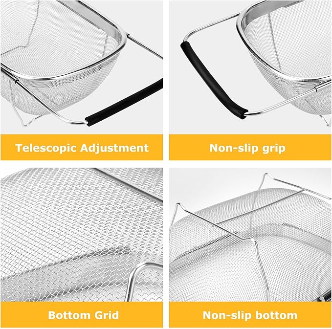 ZDRongZhen Kitchen Accessories Over the Sink Colander Strainer Basket，Stainless Steel Colander with Expandable Rubber Grip Sink Drainer-Rinse Vegetables Fruits &Strain&Drain (Medium-Fine mesh)