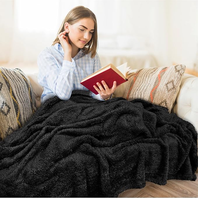 Pavilia Sherpa Bed Blanket King Size, Black Plush Soft Cozy Fluffy Lightweight Microfiber Fuzzy All Season Blanket, 90x108 King