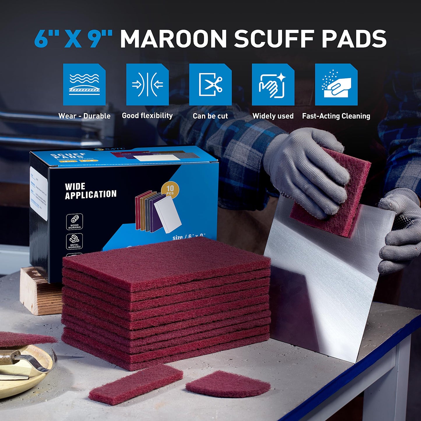 S SATC 6" x 9" Maroon General Purpose Scuff Pads,10 Pack Automotive Pads for Scuffing,Scouring,Sanding,Paint Primer Prep Adhesion Scratch for Automotive Restoration,Handicrafts