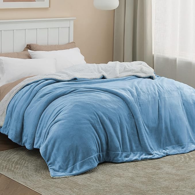 Bedsure GentleSoft Sherpa Fleece Blankets Queen Size for Bed - Thick and Warm, Soft Fuzzy Plush Queen Blanket for Winter, Washed Blue, 90x90 Inches