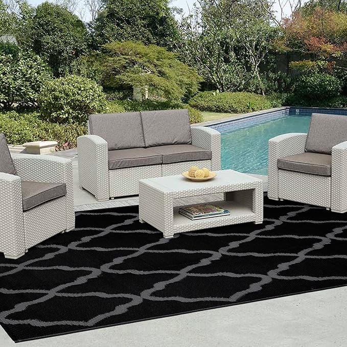 Easy-Going Reversible Outdoor Rugs 4x6ft Waterproof Plastic Straw Rug Stain & UV Resistant Floor Mat for Patio Porch RV Backyard Pool Deck Picnic Beach Trailer Camping (Moroccan Black & Grey)