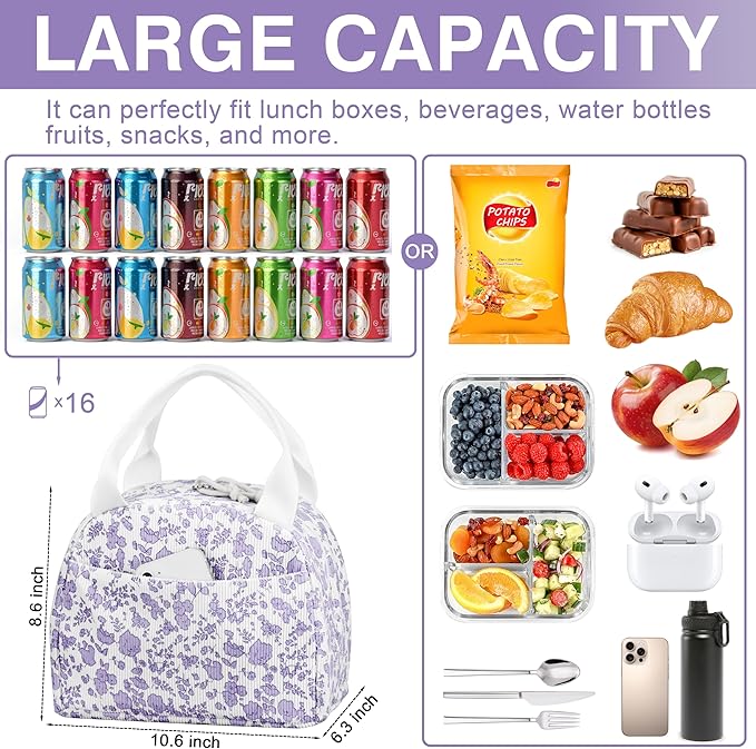Lunch Bag - Insulated Lunch Box for Women, Reusable Large Capacity Cooler Bag for Adult, Small Leakproof Cute Corduroy Lunch Tote for Work Office Travel Picnic (Corduroy Purple-Flower)