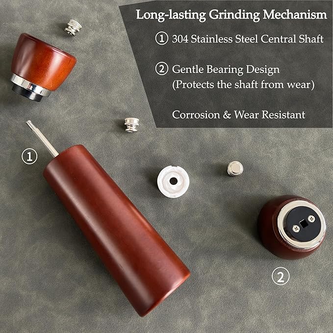 Wooden Pepper Grinder – Refillable Pepper Mill with Adjustable Upgraded Large Size Ceramic Burr – Manual Salt Grinder with Beech Wood Body – 8.3” Tall (Chestnut)