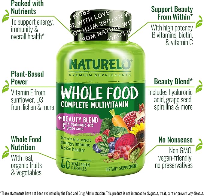 NATURELO Whole Food Beauty Multivitamin, 60 Count Collagen Peptide Powder, 45 Servings