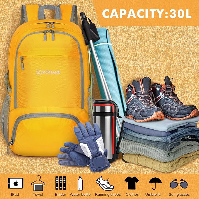 ZOMAKE Lightweight Packable Backpack 30L, Foldable Hiking Backpacks Water Resistant Compact Folding Daypack for Travel(Yellow)