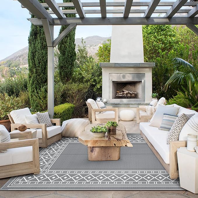 GENIMO Outdoor Rug Waterproof for Patio Decor, 8'x10' Reversible Outdoor Plastic Straw Rug Carpet, Camping Mats for Outdoor Decor, RV, Backyard, Deck, Balcony, Picnic, Grey & White