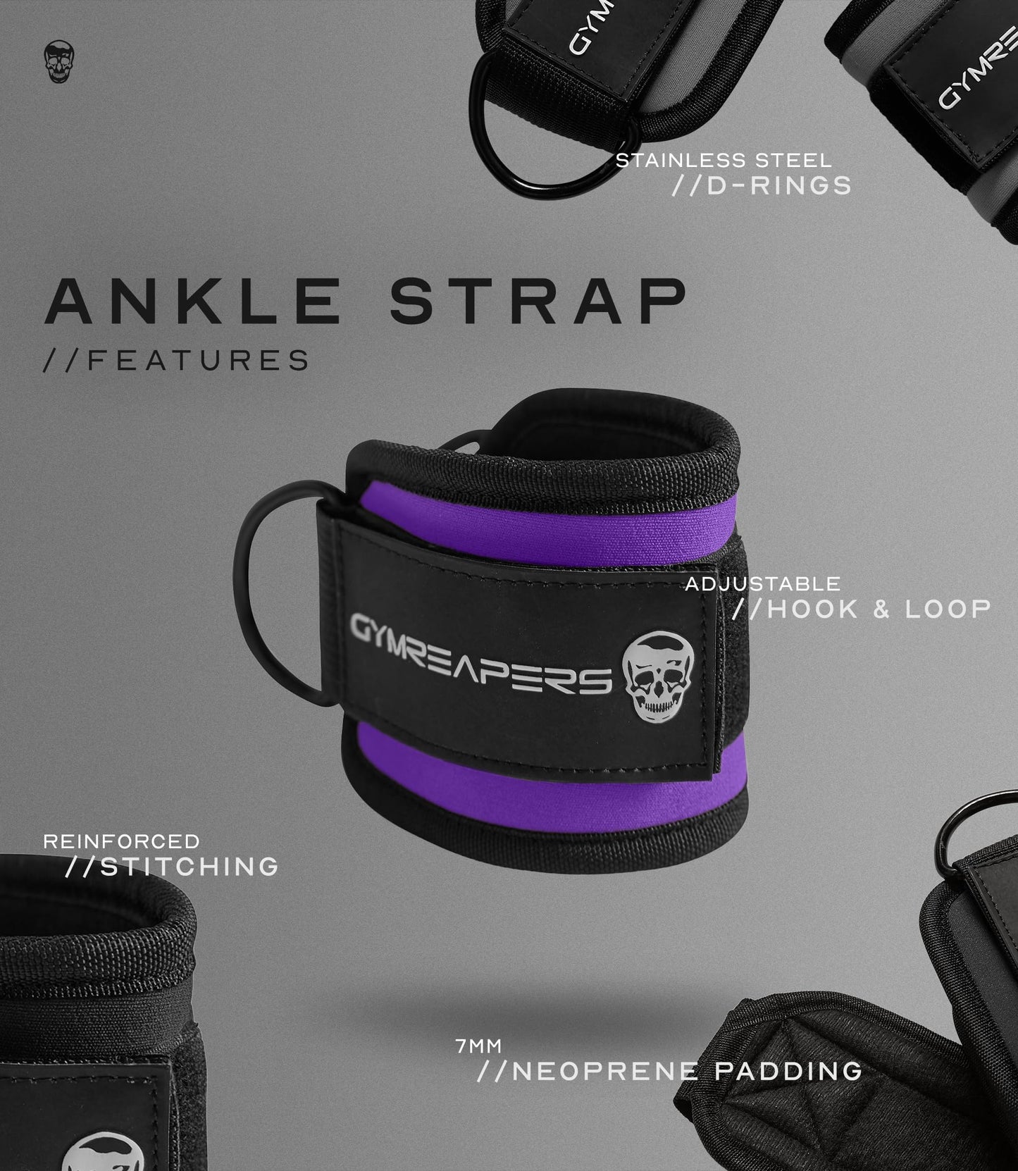Gymreapers Ankle Strap (Single) For Cable Machine Kickbacks, Glute Workouts, Lower Body Exercises - Adjustable Leg Strap with Neoprene Padding (Purple, Single)
