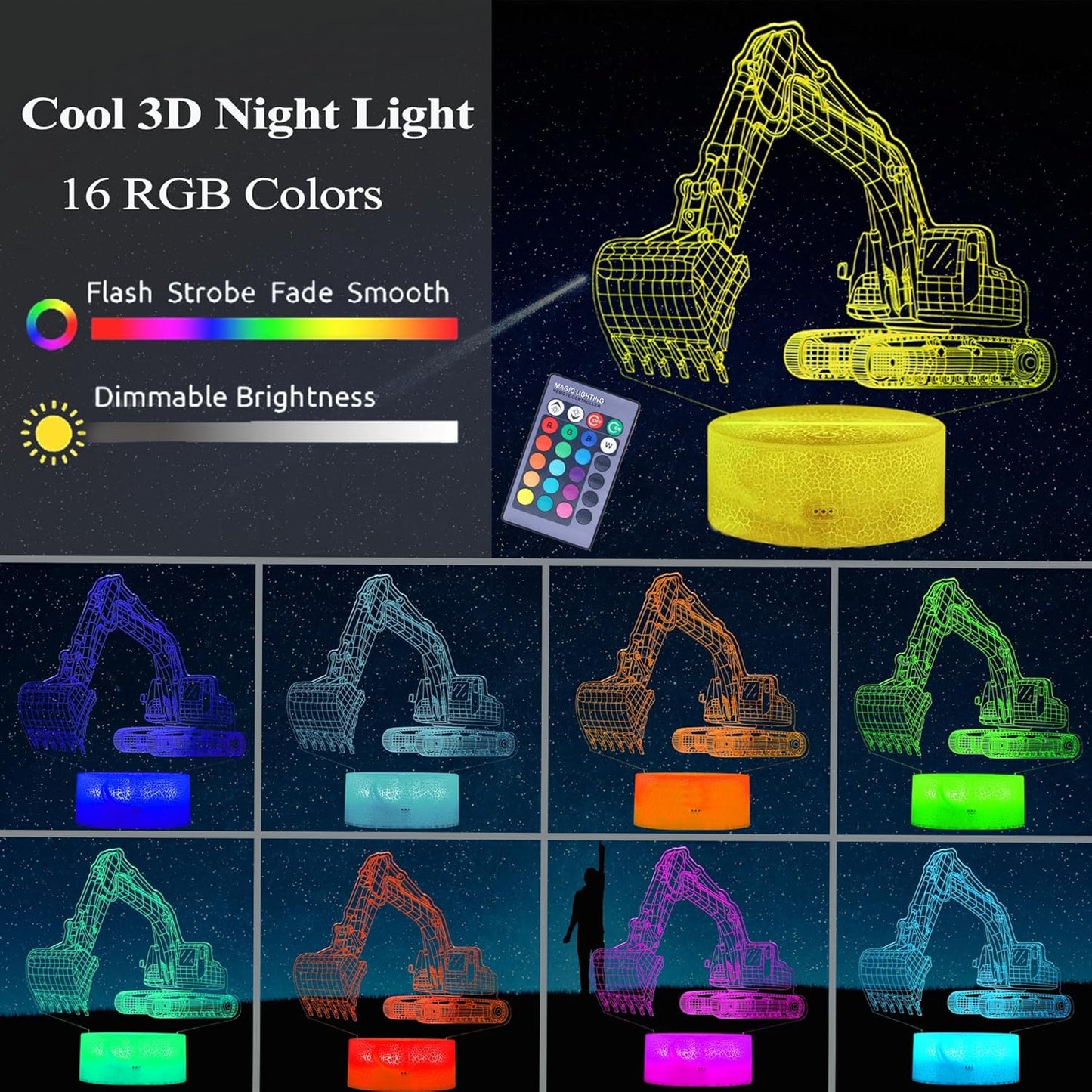 Excavator 3D Illusion Lamp for Kids, Excavator Night Light, Construction Vehicle Gifts with RGB 16 Colors Changing, Remote Control, Dimmable, Kids Room Decoration, Xmas Gifts