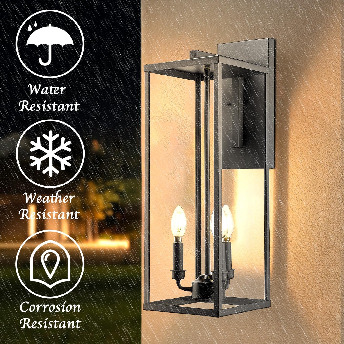 Bestshared Outdoor Wall Lantern, 24in Tall Black Metal Sconce, Clear Glass, Model 4176