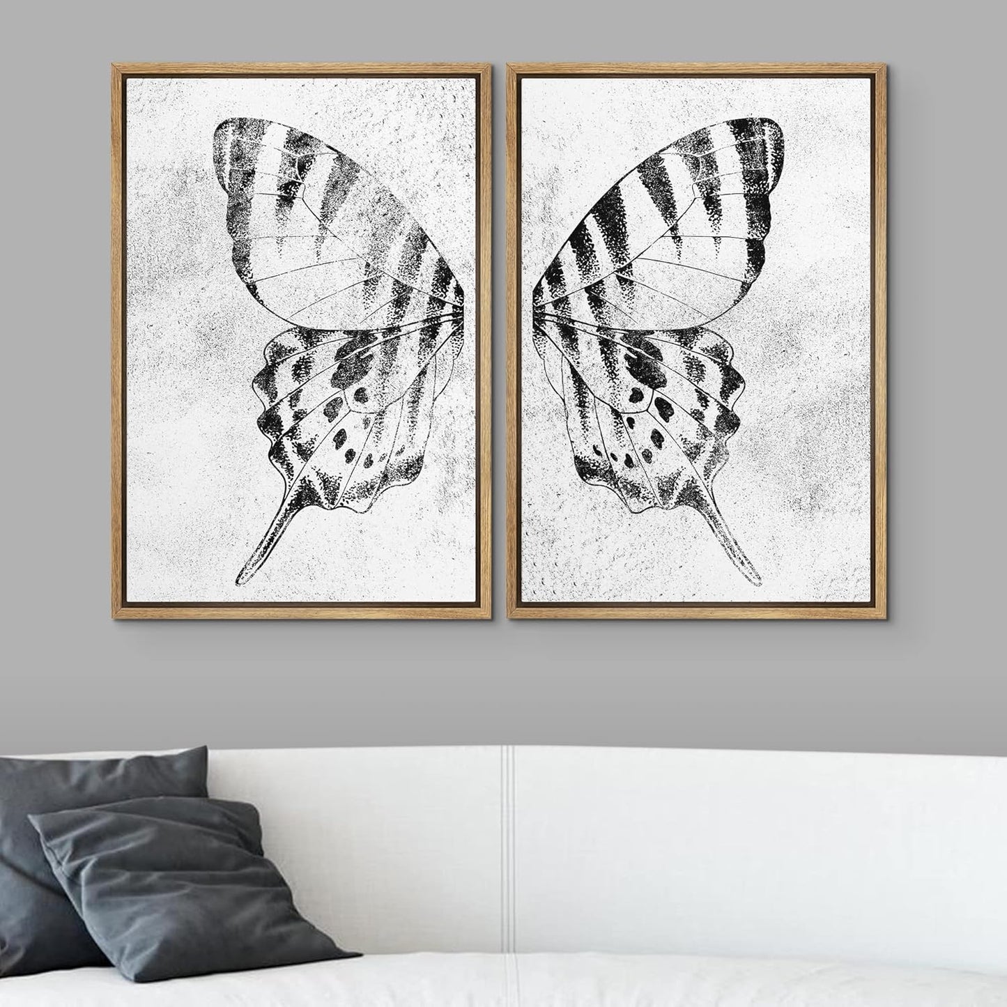 SIGNWIN Framed Canvas Print Wall Art Set Black & White Monarch Butterfly Wing Insect Nature Wilderness Illustrations Modern Art Rustic Relax/Calm for Living Room, Bedroom, Office - 16"x24"x2 Natural