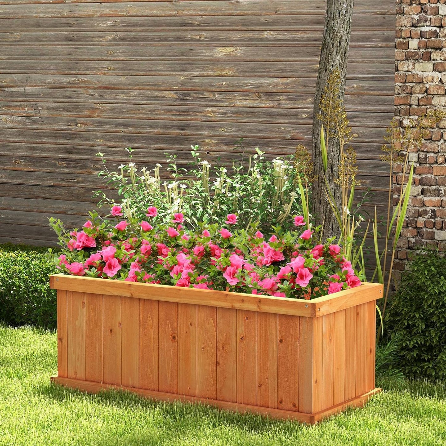 Giantex Raised Garden Bed, 31”x14”x12” Wooden Planter Box with 4 Drainage Holes & Detachable Bottom Panels, Elevated Flower Bed, Rectangular Plant Container for Vegetables, Herbs & Fruits, Orange