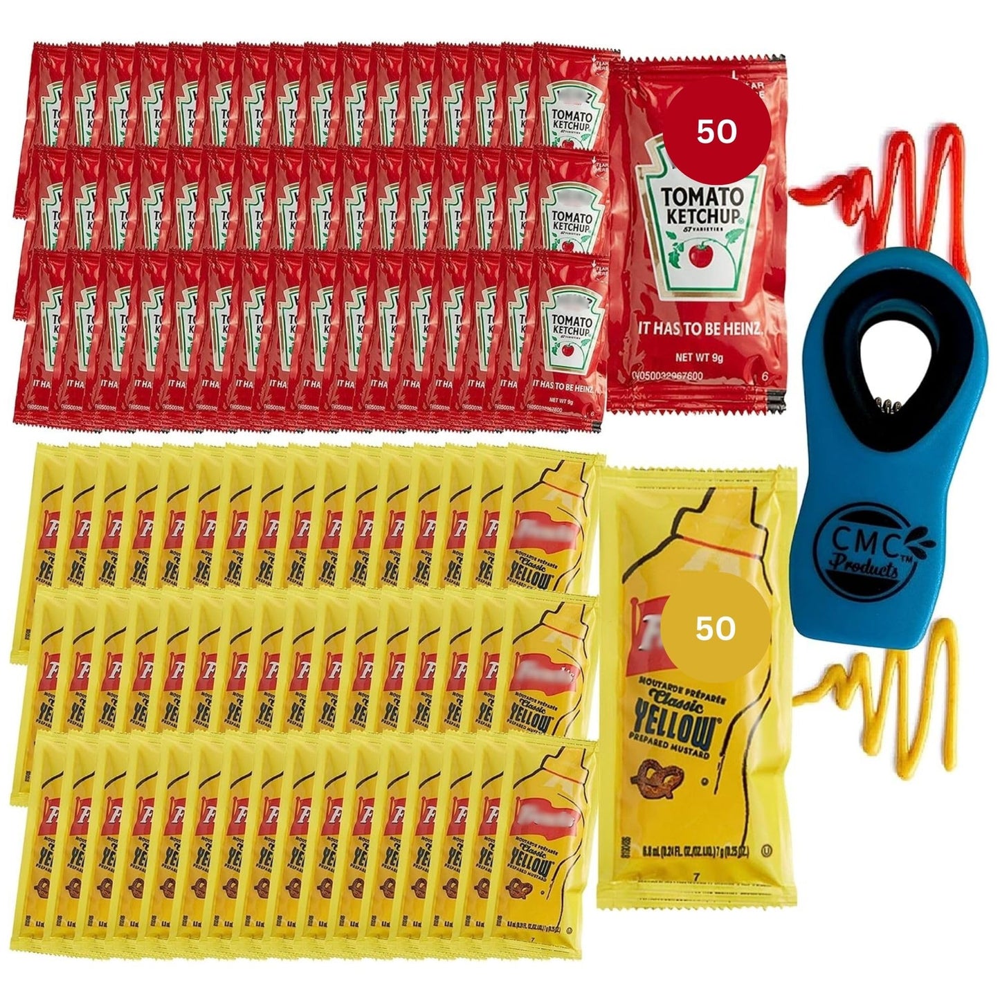 Gift Set: 50 Ketchup (9g) & 50 Mustard (7g) Packets - 100 Total Condement Packs with CMC Products Clip with Spreader (approximat