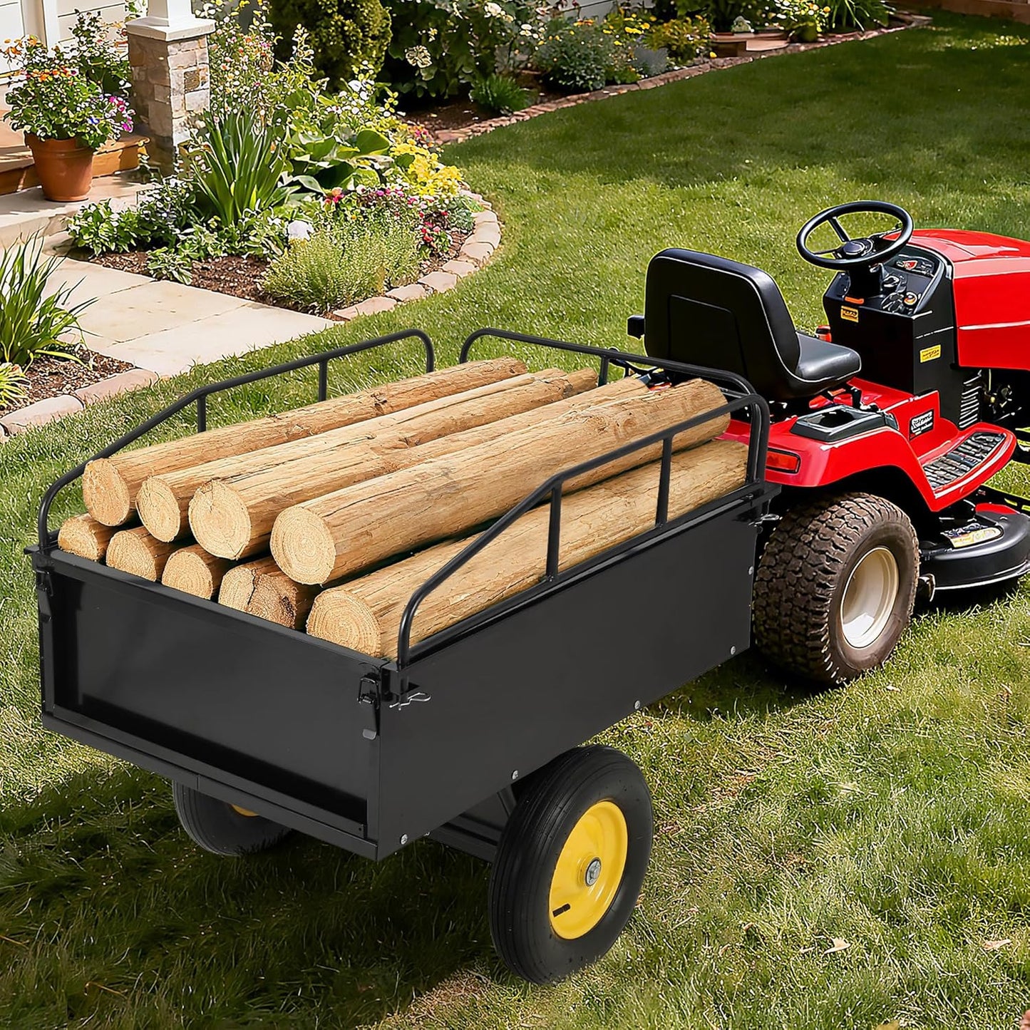 GAOMON 500LB Heavy Duty Tow Behind ATV Trailer Steel Dump Cart - 10-Cubic Feet Capacity - Garden Utility Trailer - Trailers with Removable Tailgate for Riding Lawn Mower Tractor