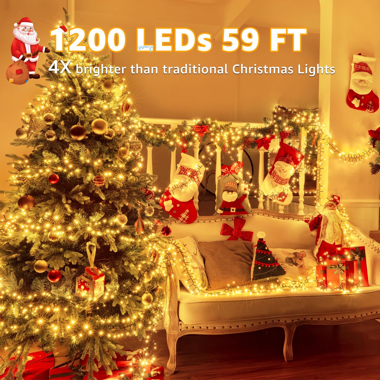 Ccinny 1200 Led 59 Ft Cluster Lights  Warm White Christmas Tree Lights 8 Modes Timer Remote  Waterproof String Lights For Indoor Outside Garland Xmas Decorations