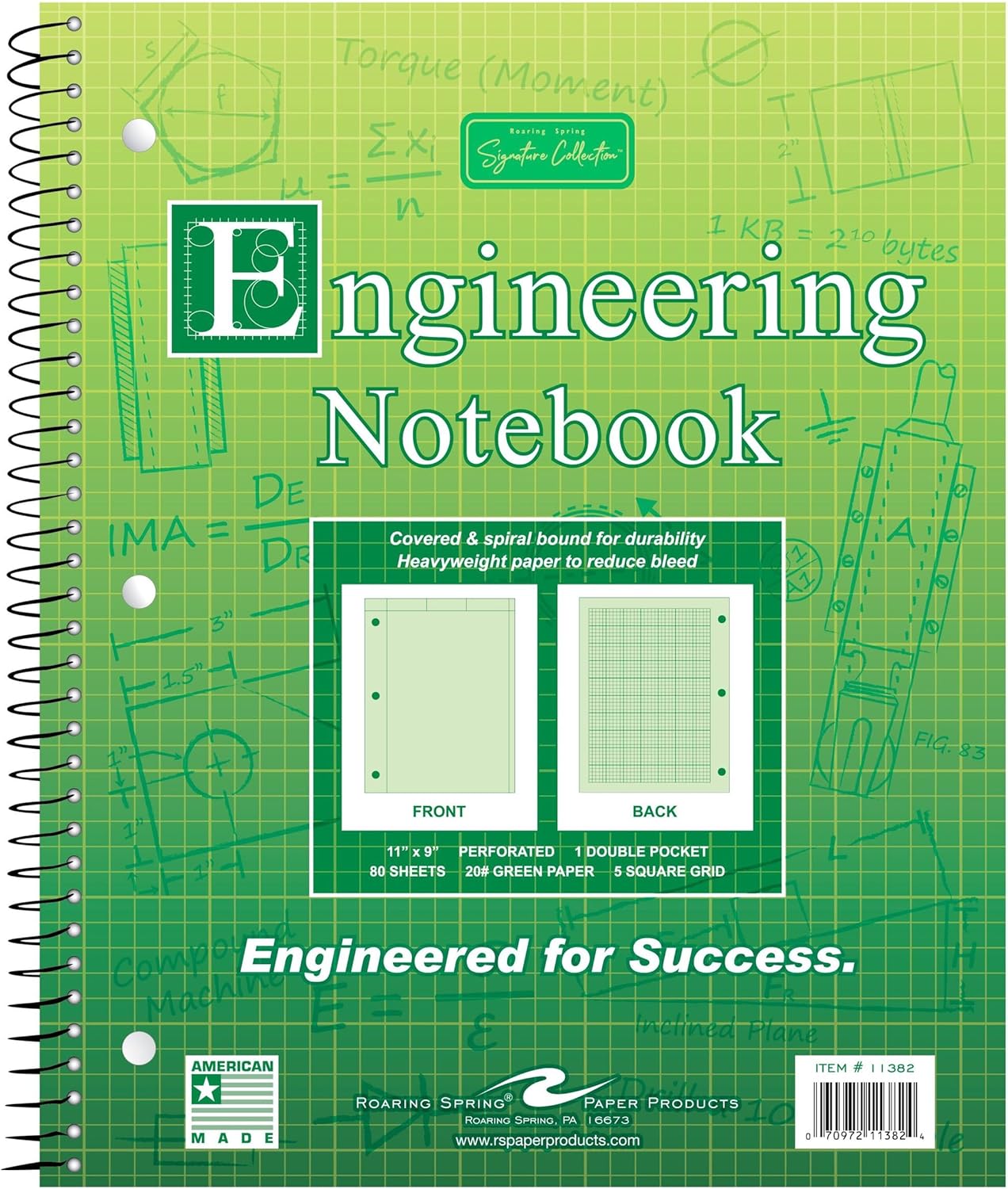 Roaring Spring Engineering Wirebound Spiral Notebook, 8.5"x11", 80 Sheets Per book, Heavy 20# Green Tinted Paper, Computation Pad, Proudly Made in The USA, Heavyweight Backer Board (Pack of 1)