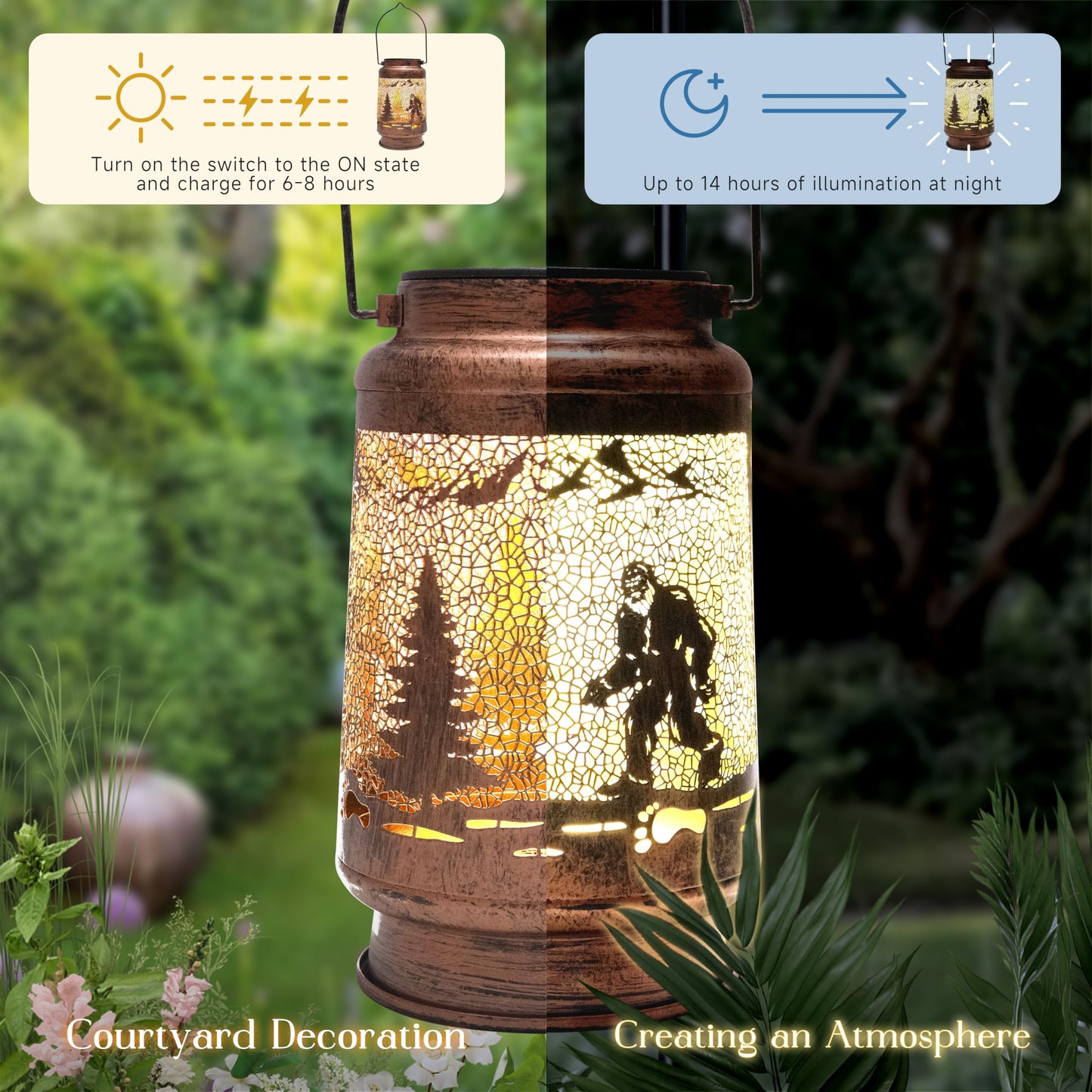 7.48 Bigfoot Solar Lantern Outdoor Hanging Solar Light - Ip65 Waterproof Led Decorative Lantern For Patio  Pathway  Or Tabletop. Perfect Halloween Sasquatch Gift For Women  Unique Metal Decor