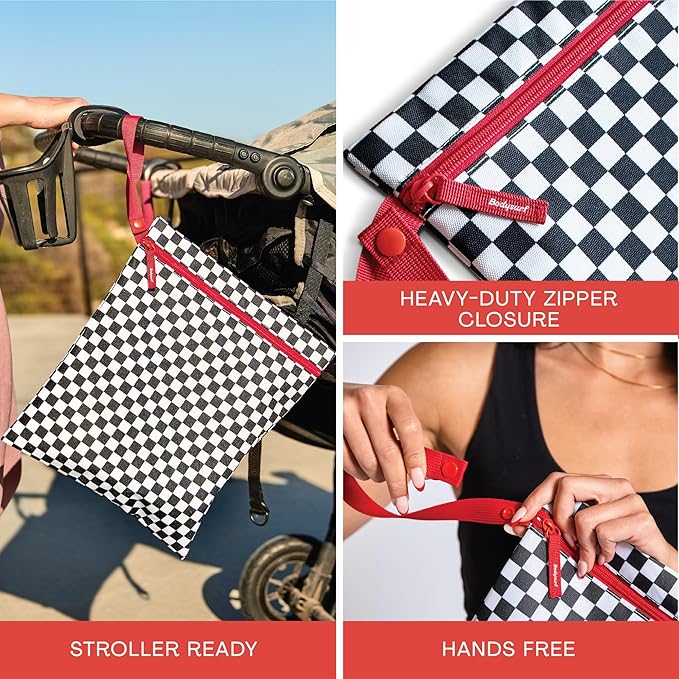 Bodysurf Wet Bags for Baby, Toddlers, Kids – 2 Pack Large Reusable Wetbag for Swimsuits, Diapers, Daycare, Gym, Laundry – Waterproof Diaper Bag Accessory & Baby Travel Essentials (Checkered, Black)