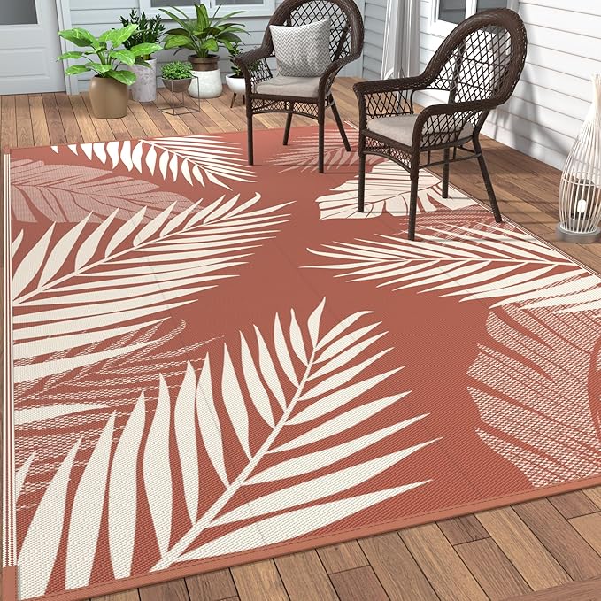 GENIMO Outdoor Rug 6' x 9' Waterproof for Patios Clearance, Reversible Plastic Straw Camping Carpet, Large Area Rugs Mats for RV, Picnic, Backyard, Deck, Balcony, Porch, Beach, Brick&Red