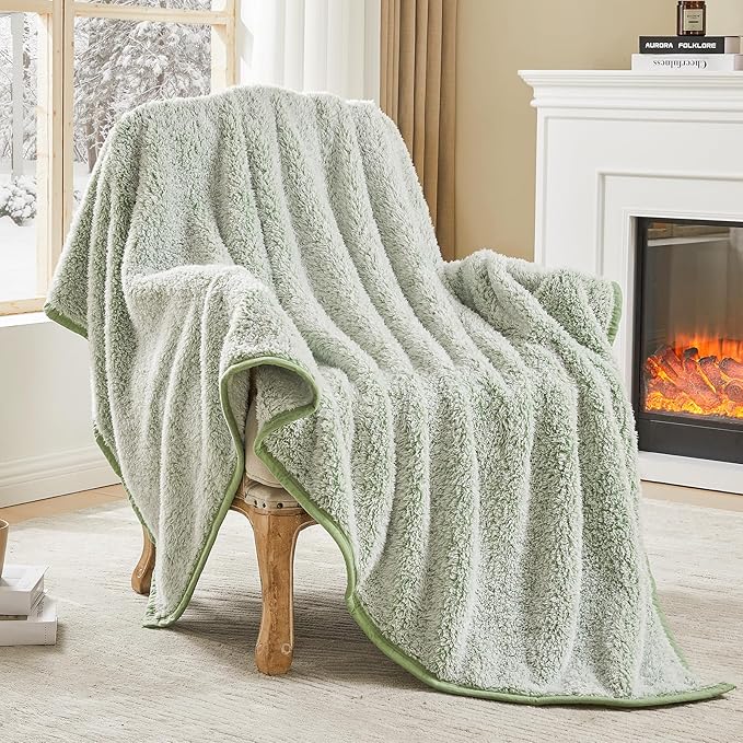 EMME Fuzzy Blanket Soft Fleece Throw Blankets for Women, Fluffy Sherpa Throws(Plush Sage,60"x80")