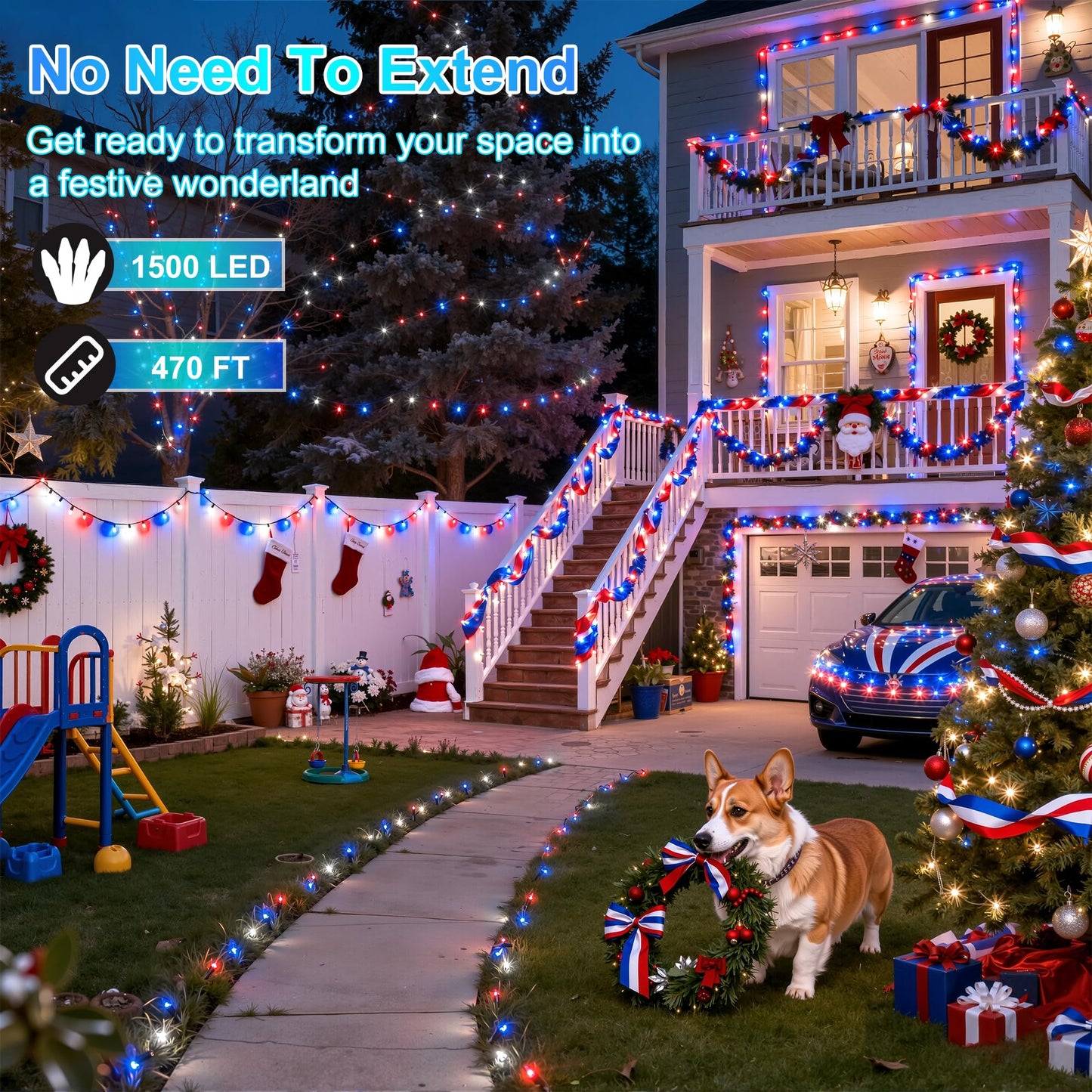 1500Led Christmas Lights Outdoor Use  470Ft 12 Modes Red Blue And White Led String Lights With Timer Dimmable  Waterproof Christmas Tree Lights For Xmas Patio Yard Fence Balcony Garden Decor