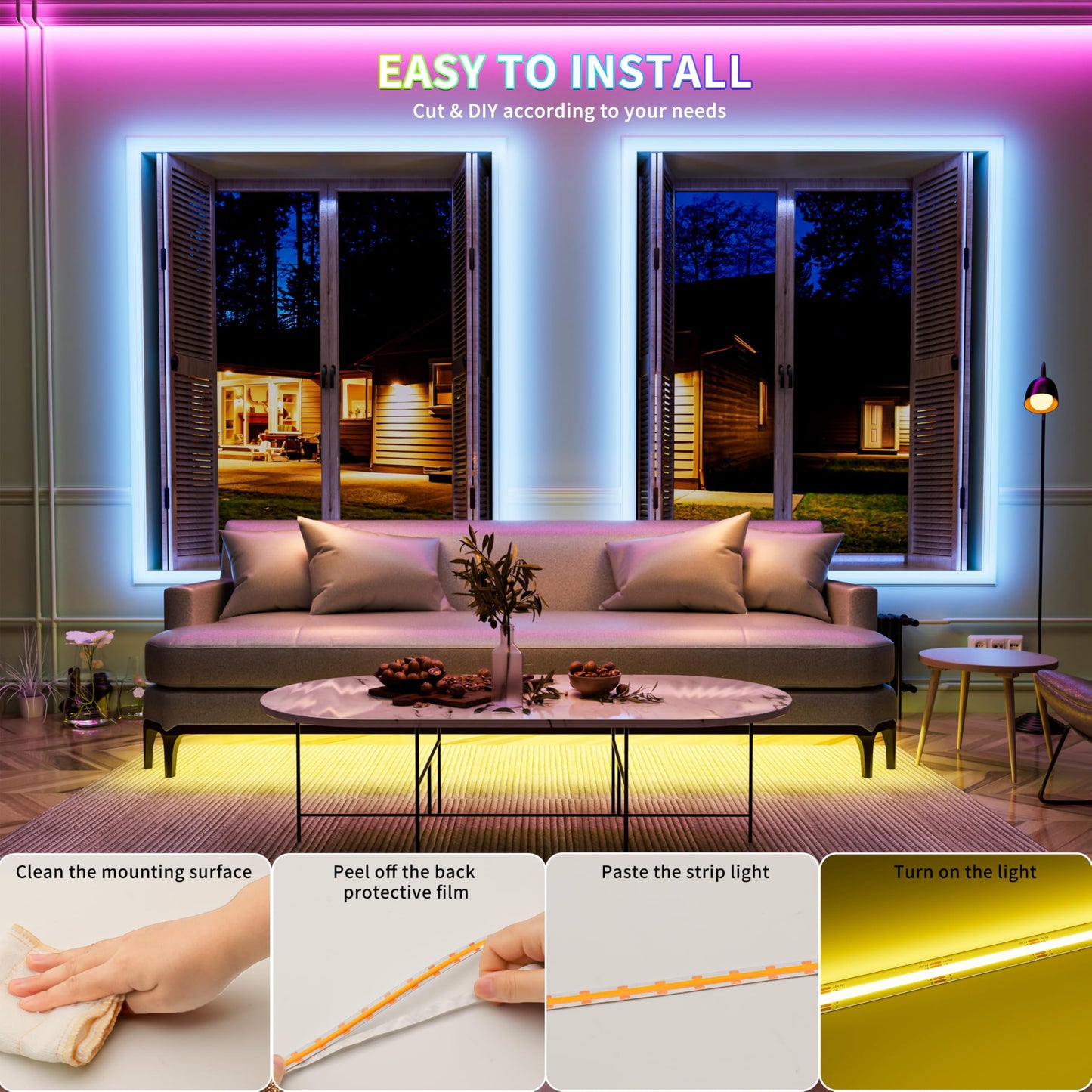 Pautix 5V Usb Cob Rgb Led Strip Light, 4.92Ft Multicolor Flexible Tape Lights For Home, Kitchen, Bedroom, Bluetooth Control, Model Cob-Usb-Rgb816F