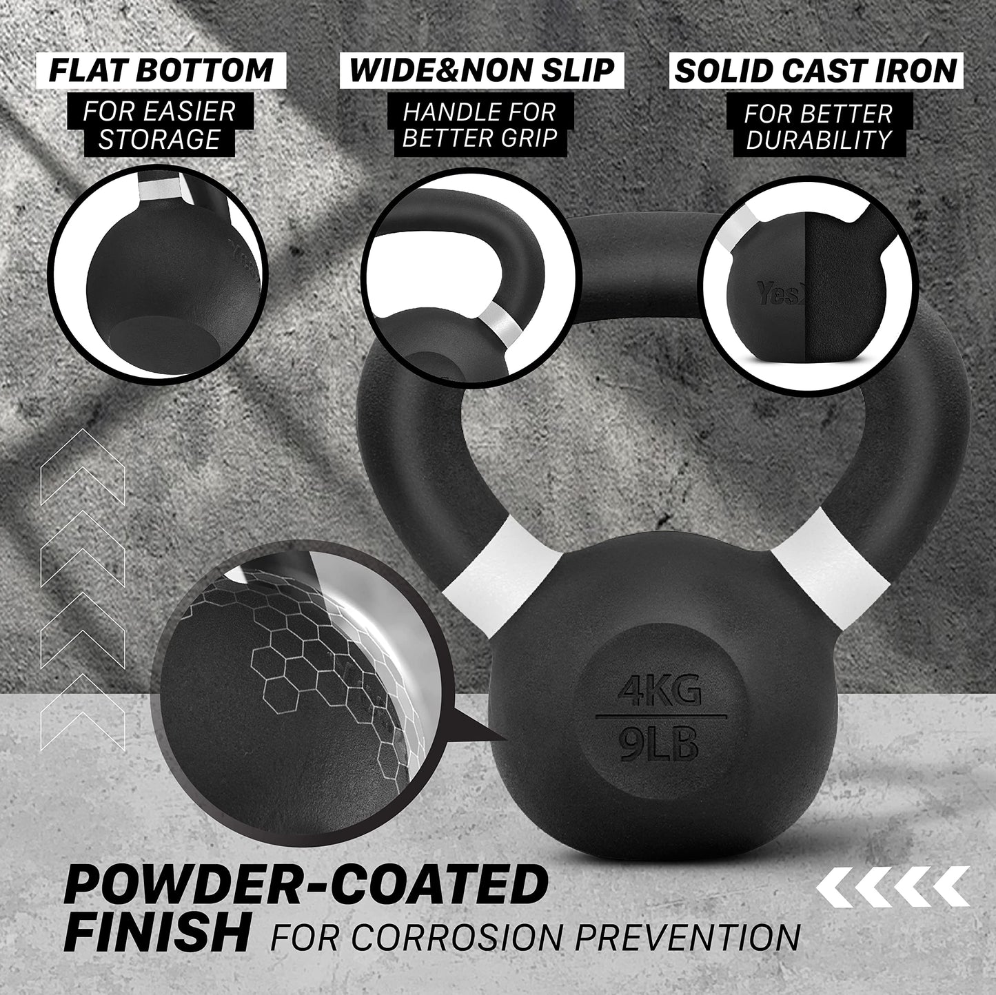 Yes4All Powder Coated Kettlebell, 9 lb Cast Iron Core Kettlebells with Non-Slip Handle & Flat Bottom for Conditioning, Heavy Duty for Strength Training - Single, White