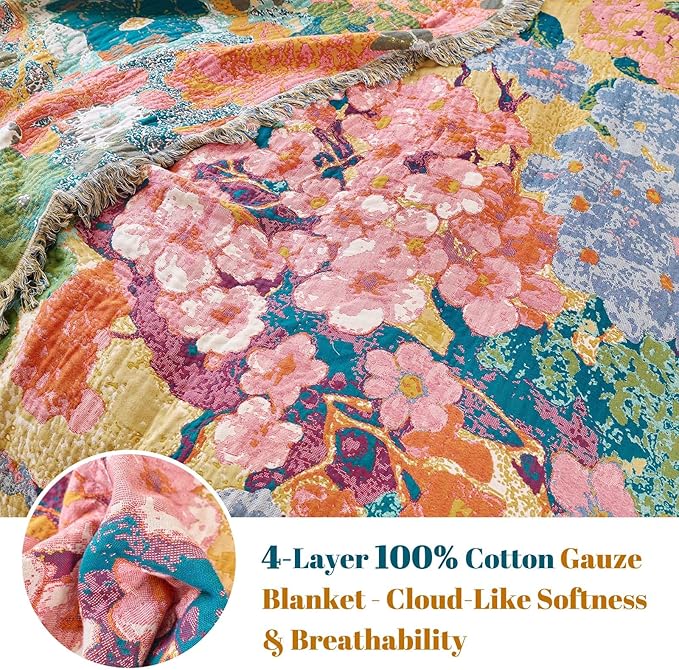 MSGKV Boho Throw Blanket for Couch 50"x60" Cotton Floral Blankets for Sofa Chair All Seasons Lightweight Muslin Breathable Farmhouse Home Decor
