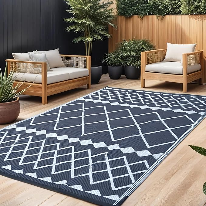 Outdoor Rugs 8x10 for Patios Clearance,Waterproof Mats for Camping,Porch,RV, Portable Plastic Straw Area Rugs Carpet for Picnic,Reversible,Black and White