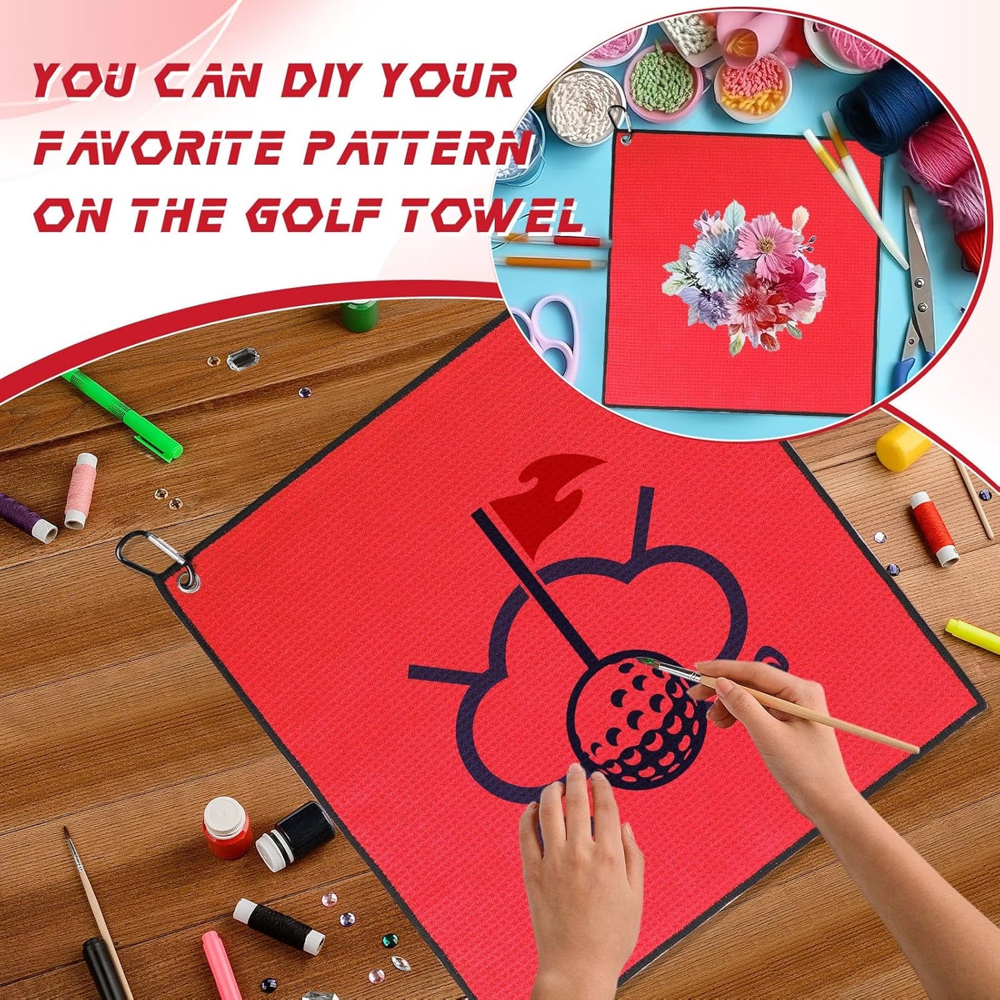 Batiyeer 30 Pcs Golf Towels Bulk for Bags 16'' x 16'' Microfiber Fabric Golf Towel with Clip Waffle Pattern for Men Mini Tournament Fitness Yoga Camping (Red)
