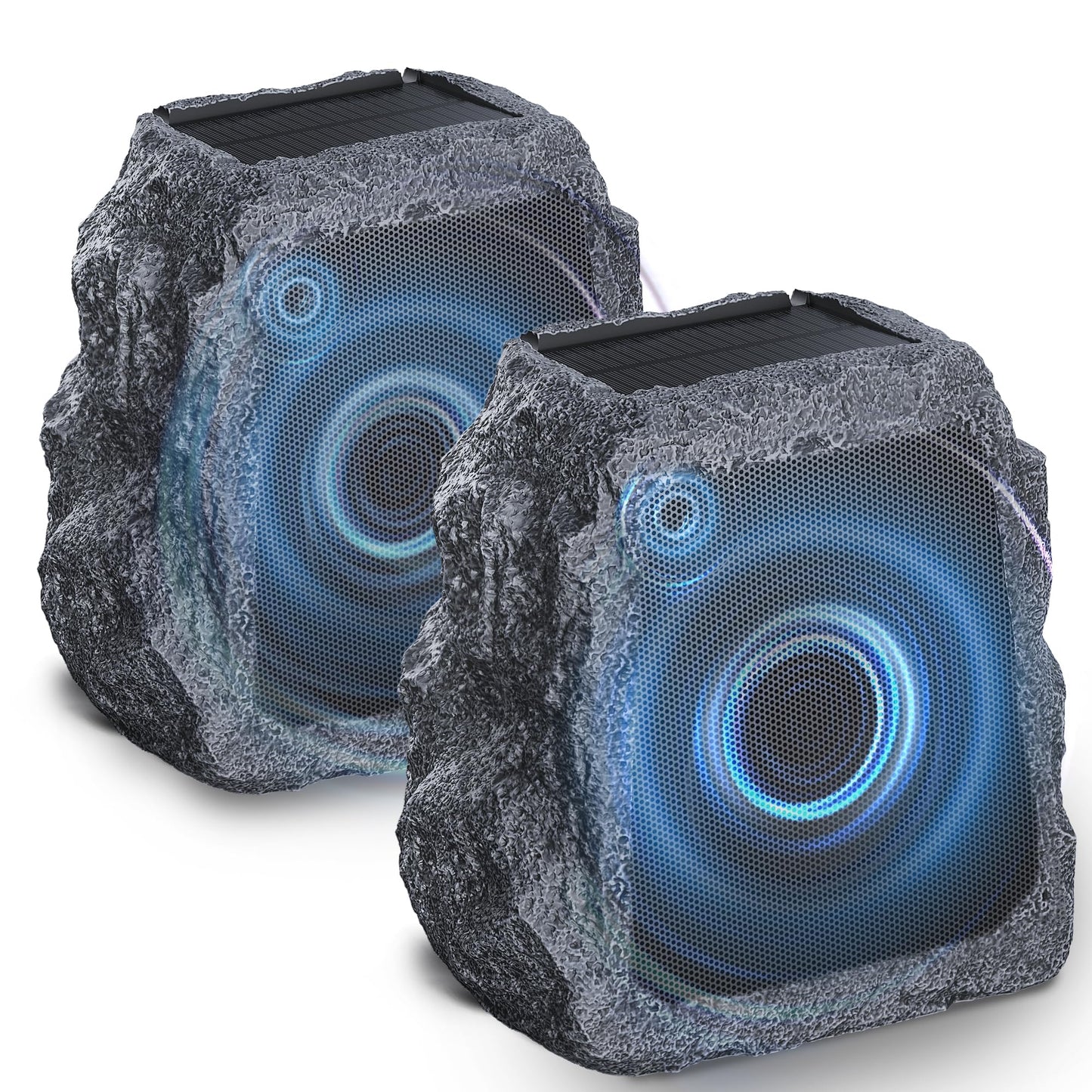 Blitzrock Wireless Outdoor Rock Speakers, 80W 2-Driver Outdoor Speaker Solar Powered, Easy Pairing, Auto-Sync For 100+ Speakers,