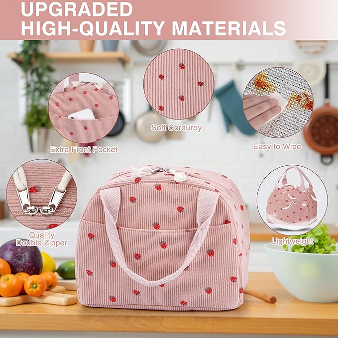 Lunch Bag - Insulated Lunch Box for Women, Reusable Large Capacity Cooler Bag for Adult, Small Leakproof Cute Corduroy Lunch Tote for Work Office Travel Picnic (Corduroy Strawberry Pink)