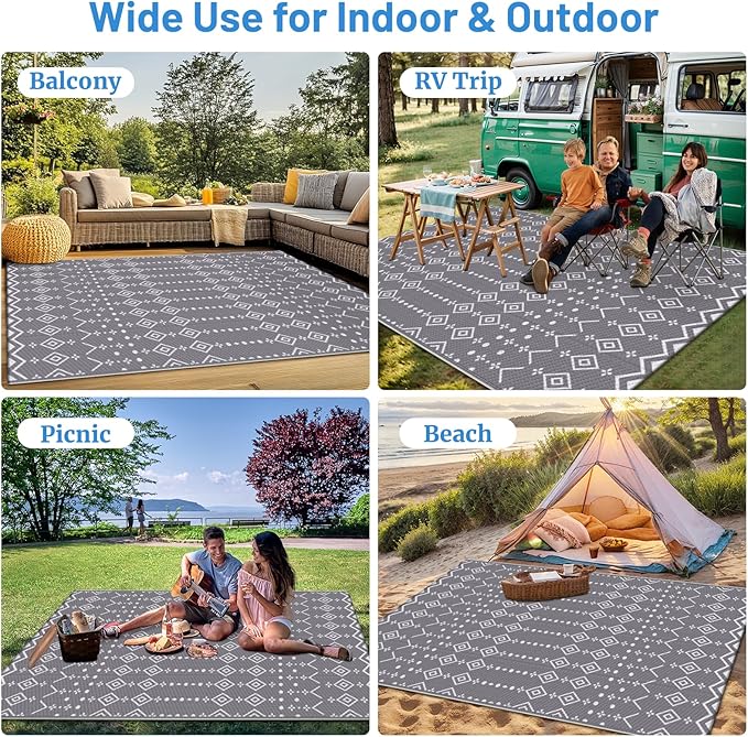 StepRite 8’ x 10’ Reversible Outdoor Rug, Waterproof Plastic Straw Rug, Patio Rug, Large Modern Area Rug Carpet, Indoor Outdoor Rugs for Camping, Porch, Deck, Balcony, Backyard, RV, Picnic(Grey)