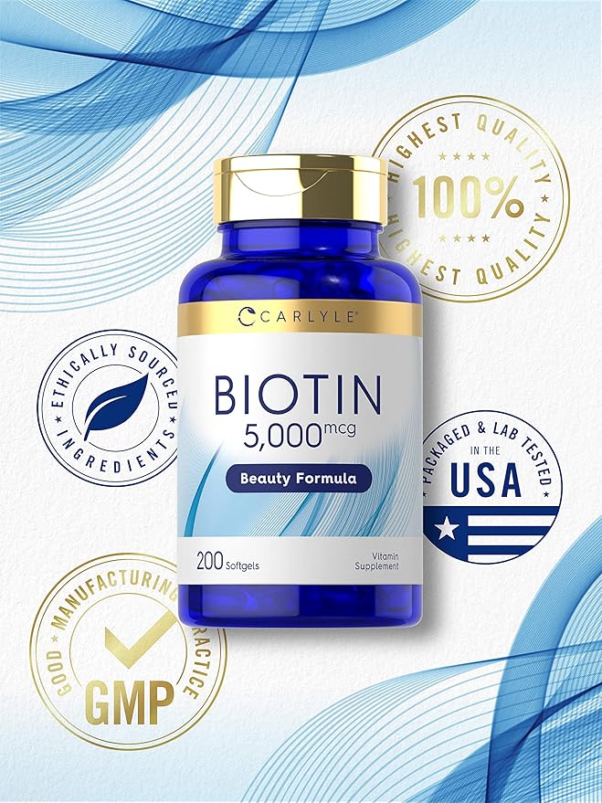 Carlyle Biotin 5000mcg Softgels | 200 Count | Vitamins for Hair Skin and Nails | Non-GMO, Gluten Free Supplement