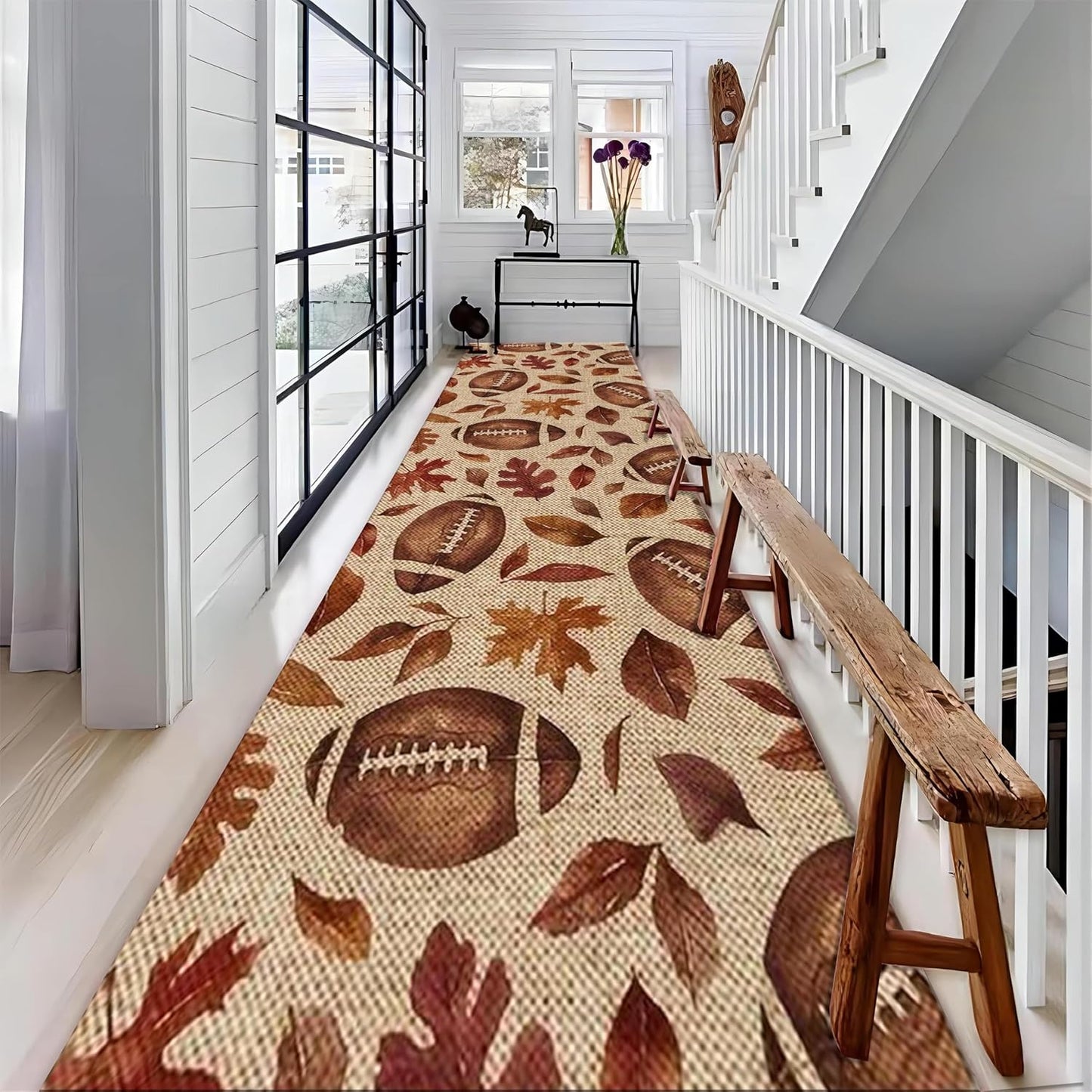 Football Rugby Living Room Rug, 2.6x10ft, Vintage Maple Leaf Entryway Carpets, Cozy Soft Home Decor Kids Rugs, Foldable Washable Breathable Anti-Slip Rug for Front Door Dining Room