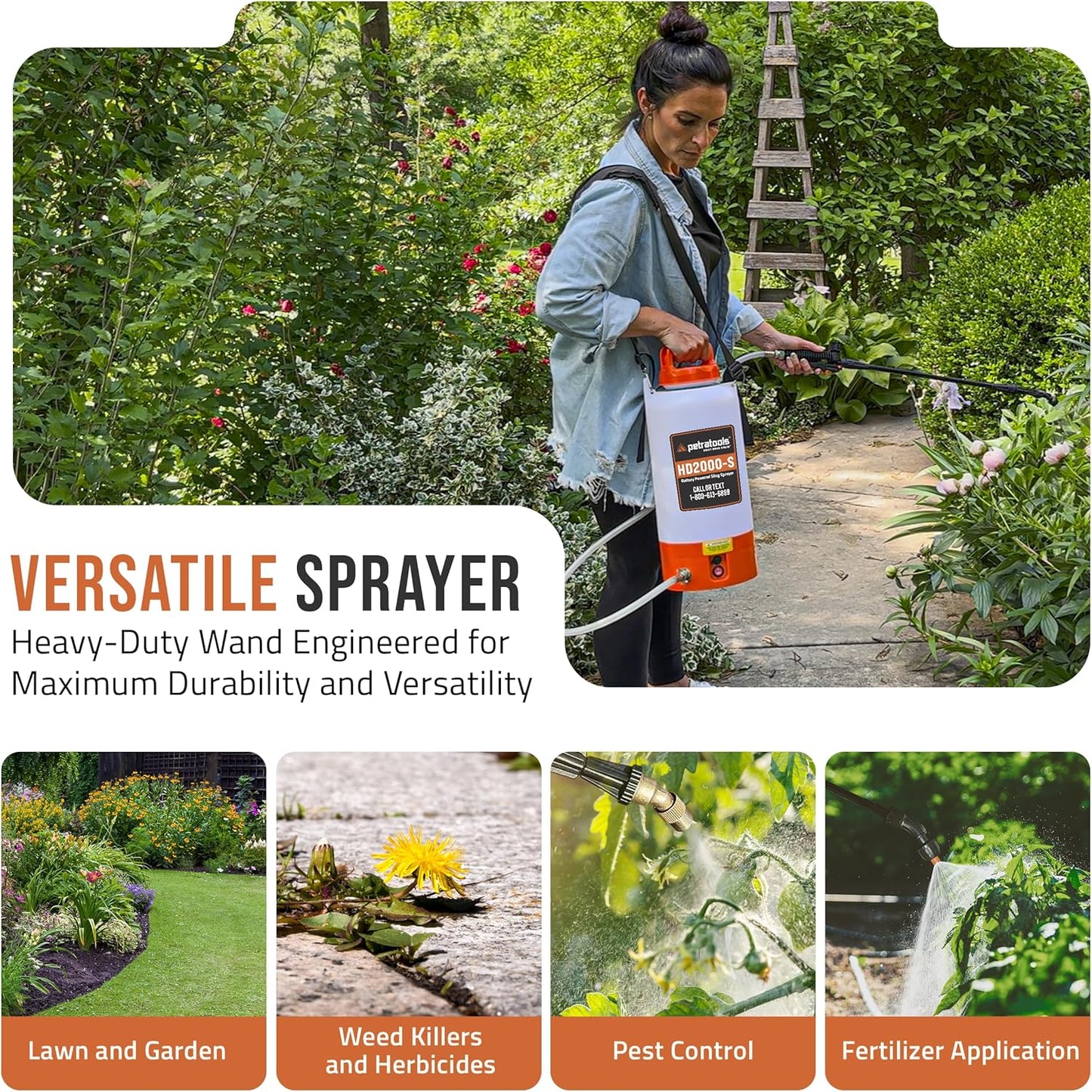 PetraTools Battery Powered Sprayer 2 Gallon - HD2000-S - Heavy Duty Electric Sprayer for Lawn and Garden Weed/Pest Control, Watering - with Battery, Charger & 2 Nozzles (2 Gallon)